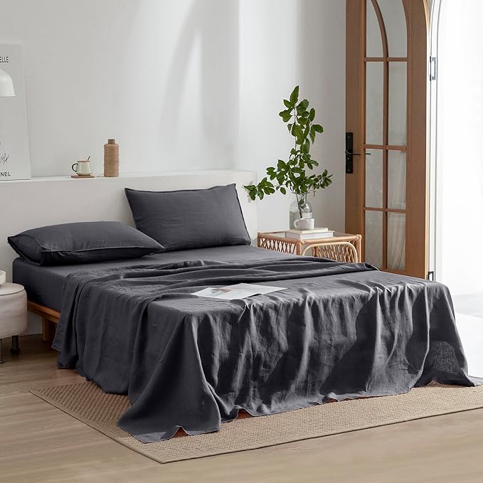 EVERLY Linen Sheets Set King Size,100% French Stonewash Pure Linen Bed Sheets,4Pieces (1Flat Sheet,1Fitted Sheet,2Pillowcase) Suitable for Hot Sleepers,Deep Pocket Natural Bedding Set-Dark Grey