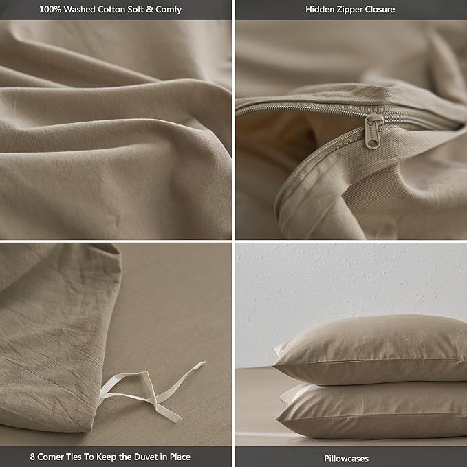MooMee Queen Duvet Cover Set, 100% Washed Cotton Linen Like Twill Thick Sturdy Material Super Soft Breathable Durable Bedding for All Season, 3 Pieces (Mocha Brown, Queen 90"x90")