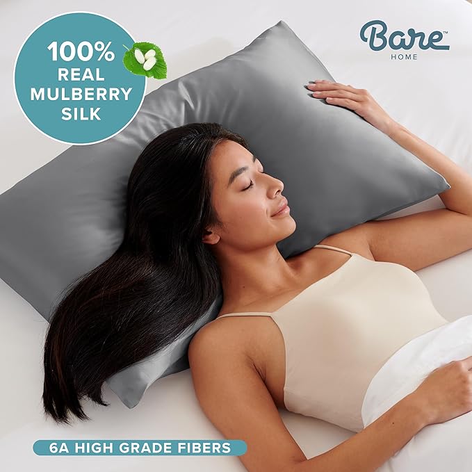 Bare Home 100% Mulberry Silk Pillowcase for Hair and Skin - Ultra Premium 6A Grade 19 Momme Silk Pillow Case - Hidden Zipper - Breathable Cooling Pillow Cover (King, Grey)