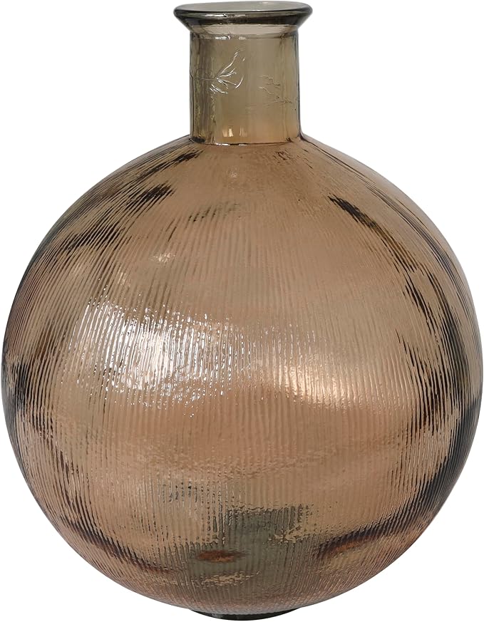 Deco 79 Recycled Glass Handmade Decorative Vase Spanish Bottle Neck Ribbed Centerpiece Vase, Flower Vase for Home Decoration 13" x 13" x 17", Brown