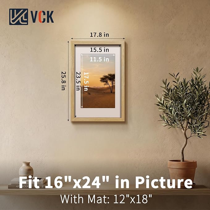 VCK 16x24 Picture Frames Natural - 3 Pack, Wide Border Solid Wood, Display 12x18 Photo with Mat or 16 x 24 Without, for Home, Office, Gallery, Woodgrain Series, Wall Hanging