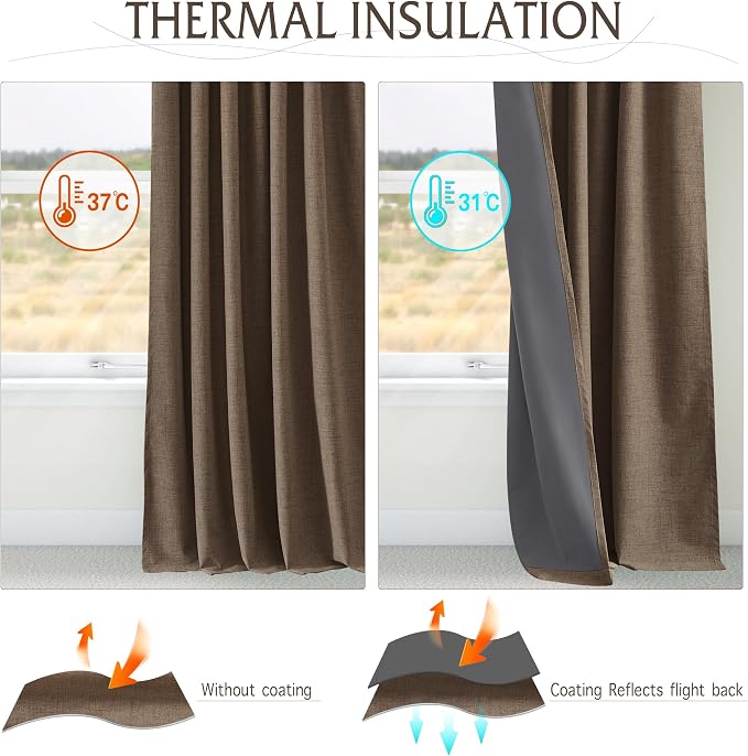 RYB HOME Brown 100% Blackout Linen Curtains 72 inch Long, Thermal Insulated & Privacy Assurd Drapes for Bedroom/Office/Nursery, Rod Pocket & Back Tab Window Treatment, W52 X L72, 2 Panels