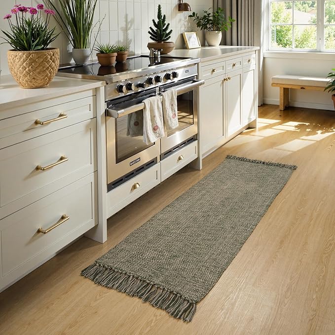Collive Kitchen Runner Rug 2' x 4.3', Hand-Woven Cotton Reversible Washable Entryway Runner Rug, Natural/Green Farmhouse Bathroom Rug Modern Bedroom Carpet for Laundry Room Front Door Décor