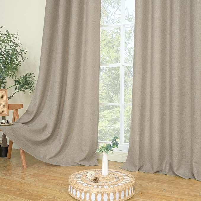 LAMIT Taupe Linen Curtains for Bedroom, 90 inches Grommet Thermal Insulated Thick Burlap Farmhouse Curtains Noise Reducing Window Treatment Drapes for Living Room, Set of 2 Panels, W52 x L90
