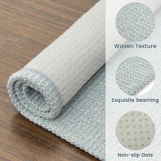EARTHALL Washable Runner Rug 2x5 Ft Non Slip Runners for Hallways Cotton Rubber Backed Kitchen Runner Braided Indoor Floor Carpet Runners for Entryway, Hallway, Kitchen, Bedroom, Turquoise/Gray