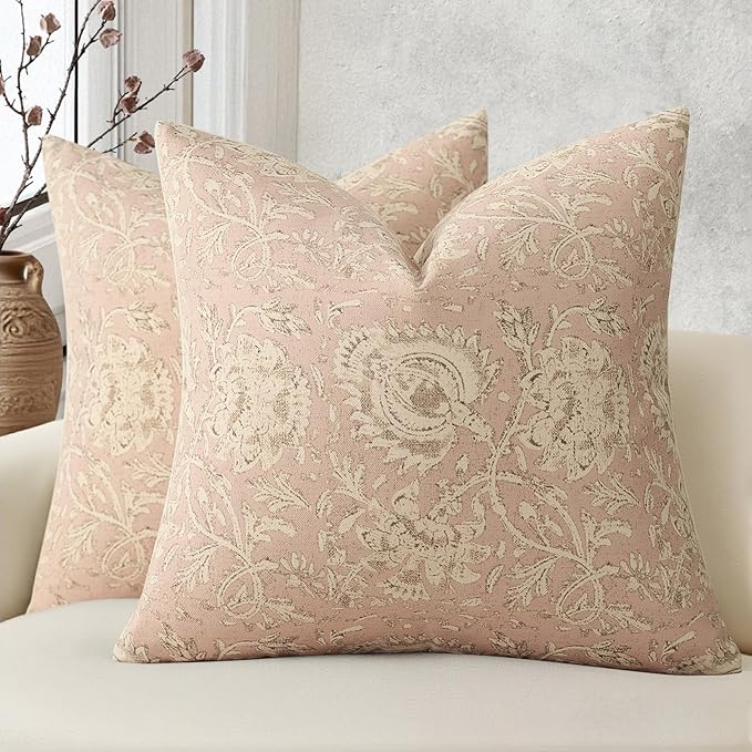 Vintage Floral Print Throw Pillow Covers 22x22 Set of 2 Neutral Modern Farmhouse Pillowcases Accent Decorative Cushion Covers Boho Home Decor for Couch Sofa Chair Bed Living Room, Champagne Pink