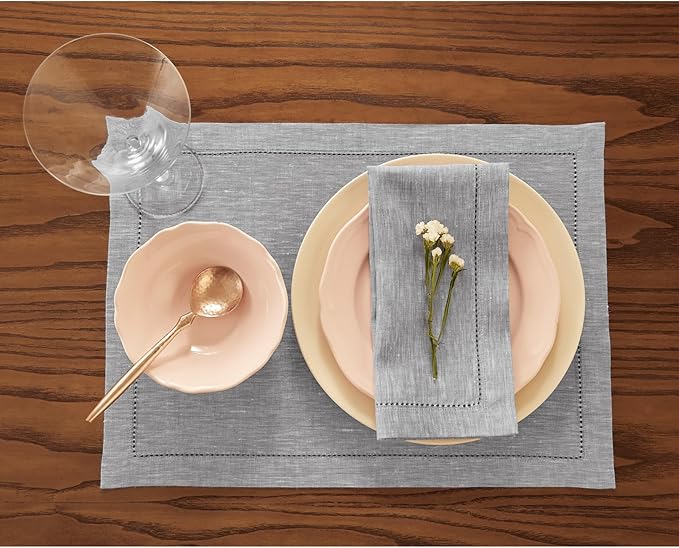 Solino Home Oyster Grey Linen Napkins Set of 4-100% Pure Linen Hemstitch Dinner Napkins 20 x 20 Inch for Summer - Milan