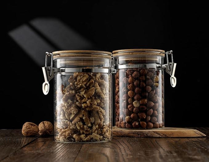JoyJolt Borosilicate Glass Jars With Bamboo Lids (27oz). 2PC Set of Airtight Storage Jars with Clamp Lids for Pantry Storage. Air Tight Sealable Containers for Kitchen Organization.