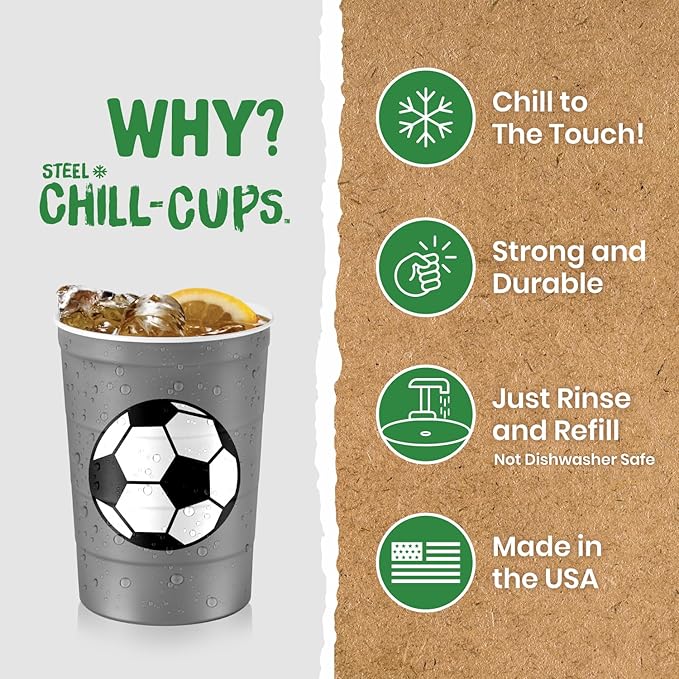 Steel Chill Cups 16 oz. Party Cup Soccer Design for Cold Drinks, Durable, Disposable, Recyclable, Made in USA, Gray, 12 Count