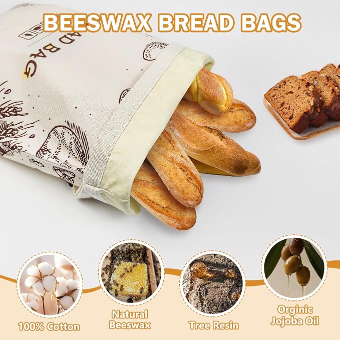 Reusable Beeswax Bread Bags, 2 Pack 13x17 Inch Sourdough Bread Storage Bags for Homemade Bread, Eco-Friendly Beeswax Food Storage Bags, Linen Bread Bag Alternative for Freshness Preservation