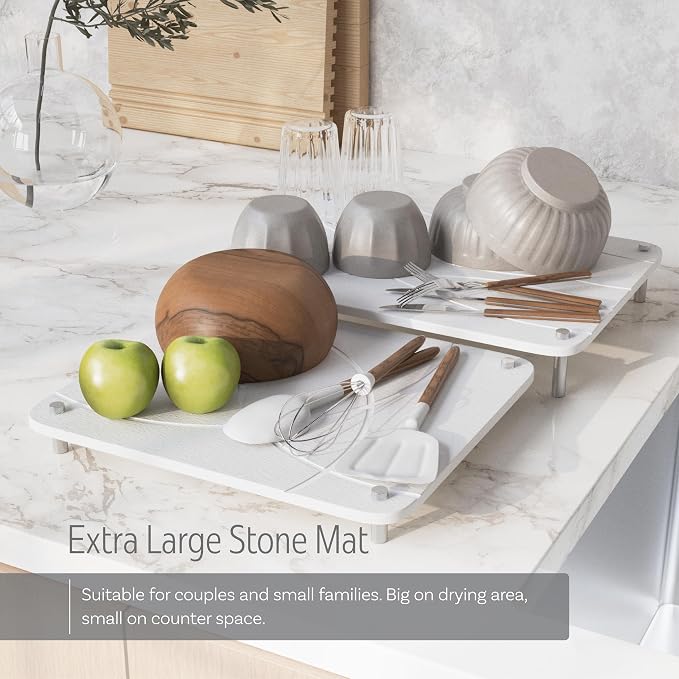 Nested Stone Drying Mat for Kitchen Counter | Large 16"x12" Dish Drying Mat plus 13"x12" Diatomaceous Earth Stone Dish Drying Mat | Expands to 29” x 12” | Premium Stone Mat (White)
