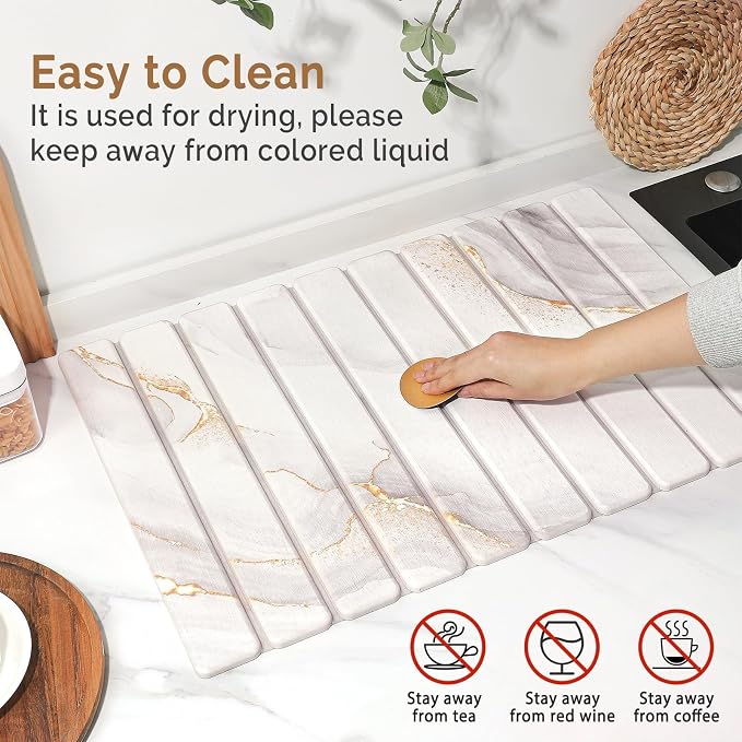 Large Stone Dish Drying Mat for Kitchen Counter,Quick Dry Stone Dishes Mats,Marbled Water Absorbing Diatomaceous Earth Drying Pad for Countertop Bottles Utensils Cups(Yellow White 24"x16"&8"x4")