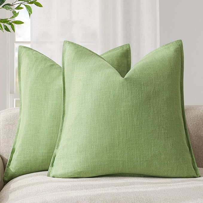Foindtower Pack of 2, Decorative Linen Soild Throw Pillow Covers Soft Accent Euro Cushion Case Boho Farmhouse Pillowcase for Chair Couch Sofa Bedroom Living Room Home Decor 26 x 26 Inch Lime Green