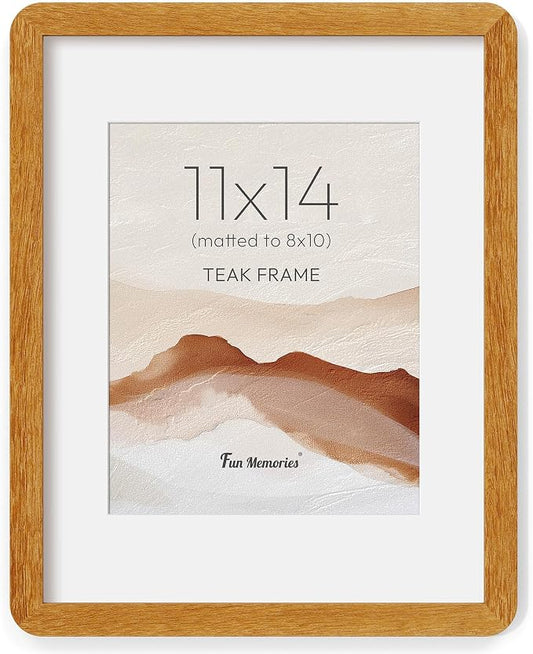 Fun Memories 11x14 Picture Frame - Solid Teak Wood 11x14 Frame with Mat for 8x10 Photos, 11 By 14 Poster Wood Wall Frame, Horizontal or Vertical Wall Mounting, Natural Teak