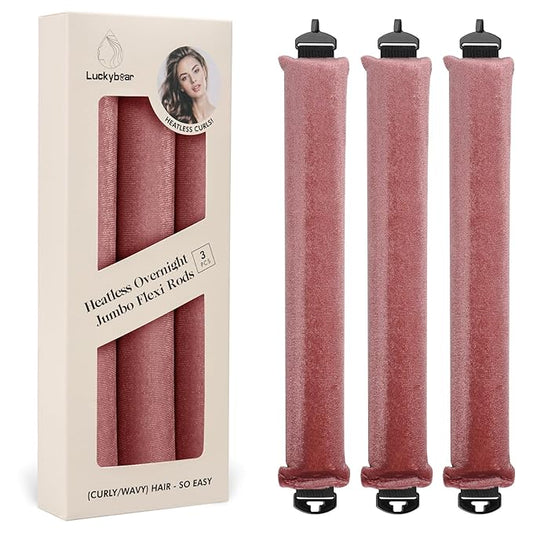 Luckybear Heatless Hair Curlers, 3pcs Satin Jumbo Flexi Rods for All Hair Types, Overnight Sleeping Curls Styling Tools, Dark Pink