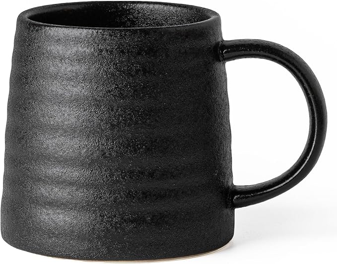 15.5 Oz Large Textured Matte Black Glaze Ceramic Mug, Heavy Weighted Stoneware Coffee Cup, Wide Base, Thick Wall Big Tea Cup with Custom Package Box, Microwave & Dishwasher Safe (Black)