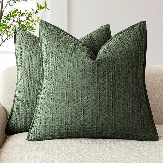 Foindtower Set of 2 Decorative Cotton Waffle Weave Throw Pillow Covers Euro Shams Cushion Covers Accent European Pillowcase for Bed Couch Sofa Bedroom Living Room Home Decor 26×26 Inch Dark Green