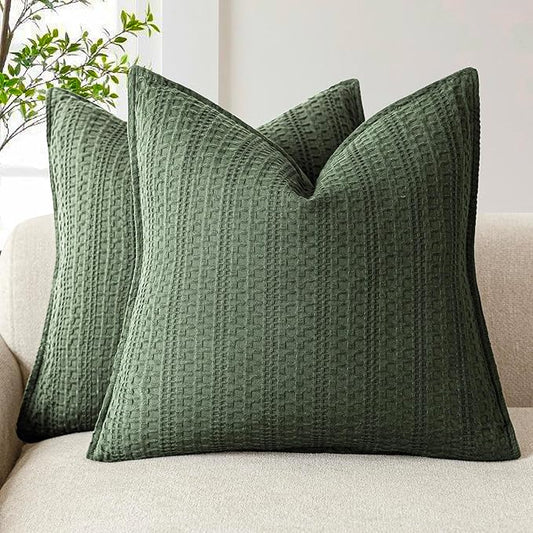 Foindtower Set of 2 Decorative Cotton Waffle Weave Throw Pillow Covers Euro Shams Cushion Covers Accent European Pillowcase for Bed Couch Sofa Bedroom Living Room Home Decor 24×24 Inch Dark Green