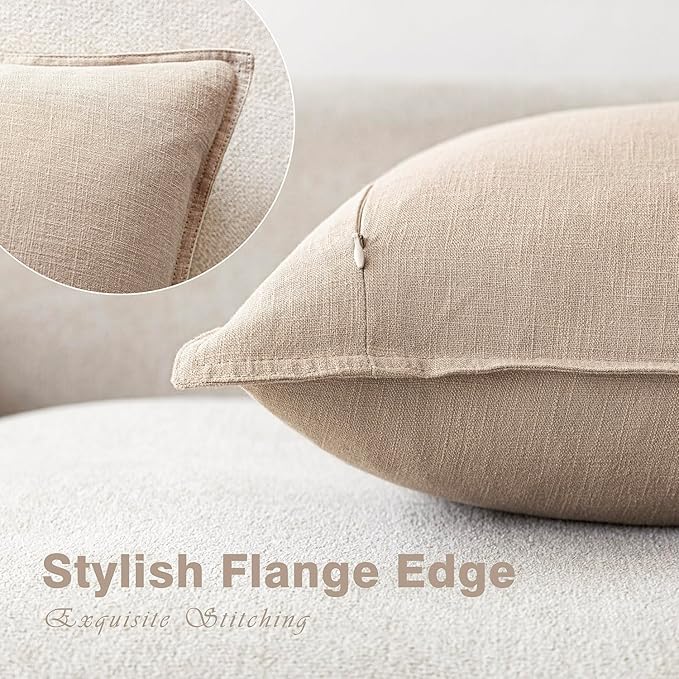 Foindtower Pack of 2, Decorative Linen Soild Throw Pillow Covers Soft Accent Cushion Case Farmhouse Neutral Pillowcase for Chair Couch Sofa Bedroom Living Room Home Decor 24 x 24 Inch Tan Beige