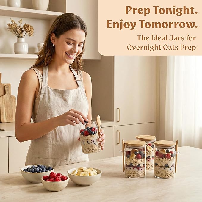 Overnight Oats Containers with Lids, Labels & Spoons (4 x 16oz) Glass Jars for Oatmeal, Meal Prep, Food Storage | Leak-Proof Mason Jars for Oats, Cereal, Yogurt, Chia Pudding [Thicker Glass 3mm]