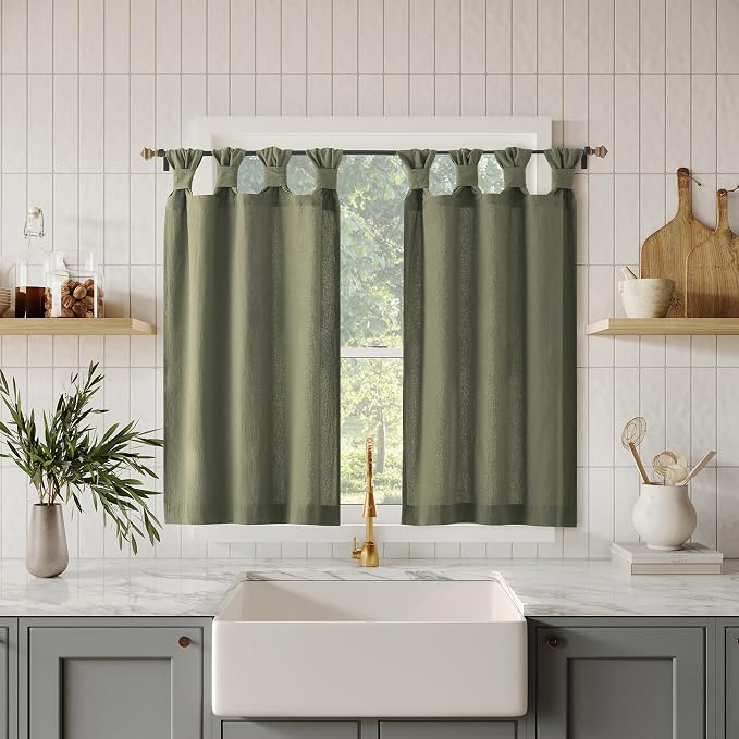 Archaeo Washed 100% Cotton Small Window Twist Tab Cafe Curtains, 52" x 45, Moss Green