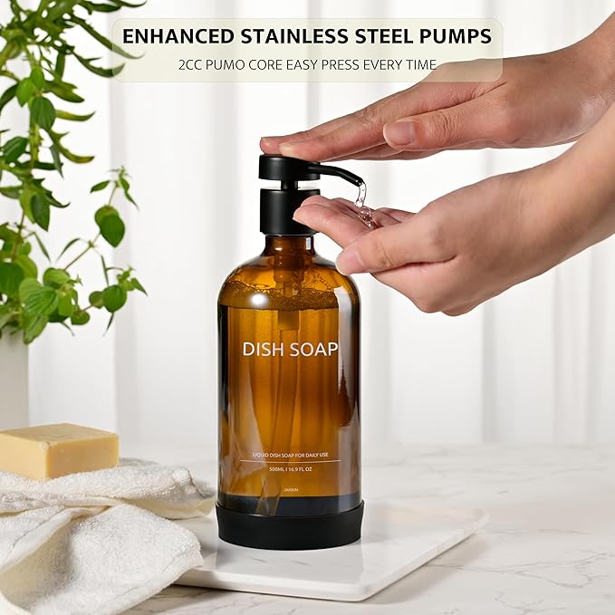 Glass Soap Dispenser Bathroom Set by Janxin, Foaming Kitchen soap Dispenser with Ceramic Tray for Dish Soap, Liquid Soap Dispenser for Hand Soap, Lotion, Body Wash (Amber)
