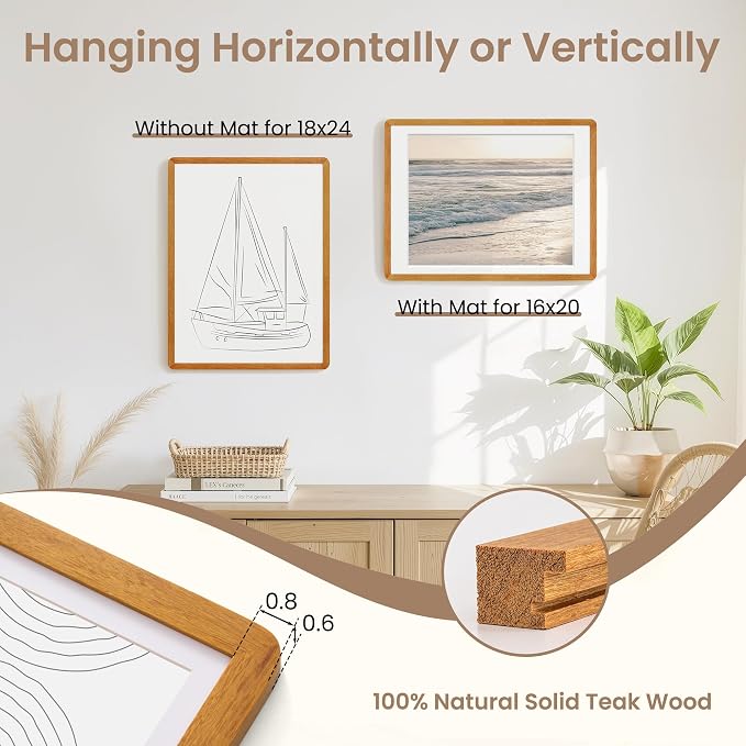 Fun Memories 18x24 Poster Frame - Solid Teak Wood Frame, 18x24 Picture Frame with Mat for 16x20, Wood Frame with Tempered Glass, 24x18 Large Poster Frame for Gallery Wall Display, Natural Teak