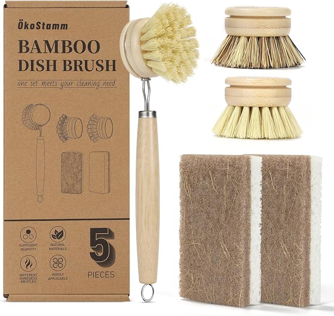 5 PCS Bamboo Dish Brush with Handle Set - Natural Dish Scrubber Brush with 3 Replacement Brush Heads and 2 Dish Sponges for Cleaning Dishes, Pans, Pot, Fruit and Veggie