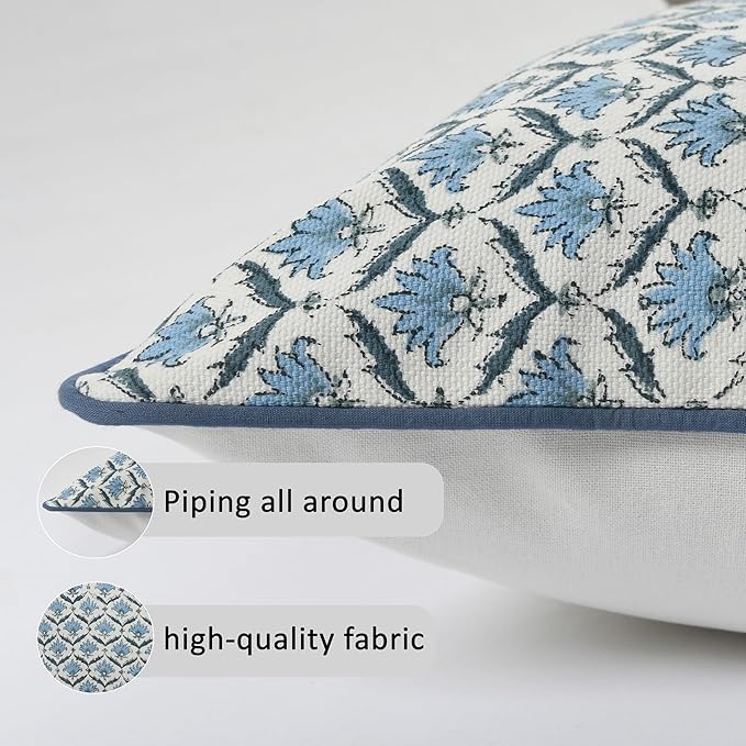 CPC Jeans Blue Block Print Throw Cushion Cover 24 x 24 Inch Set 2 - Decorative Boho Floral Pillow Case for Living Room, Bed, Sofa, Couch, Home Decor Cushion Cover Gift for Spring, Mother's Day