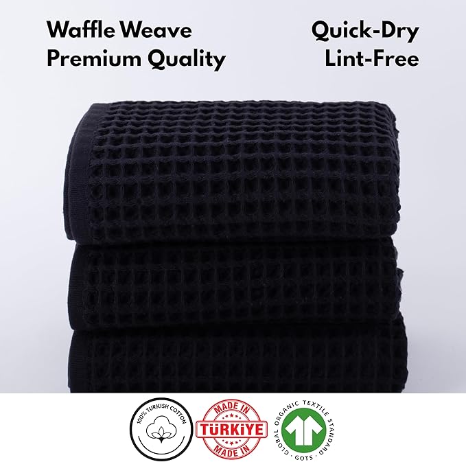 PÜSKÜL - Set of 3 Organic Waffle Hand Towel Black - Premium Quality, 100% Turkish Cotton, Soft, Quick-Dry, Absorbent, Lint-Free Face Kitchen Hand Towels (Black, Hand Towels - Pack of 3)