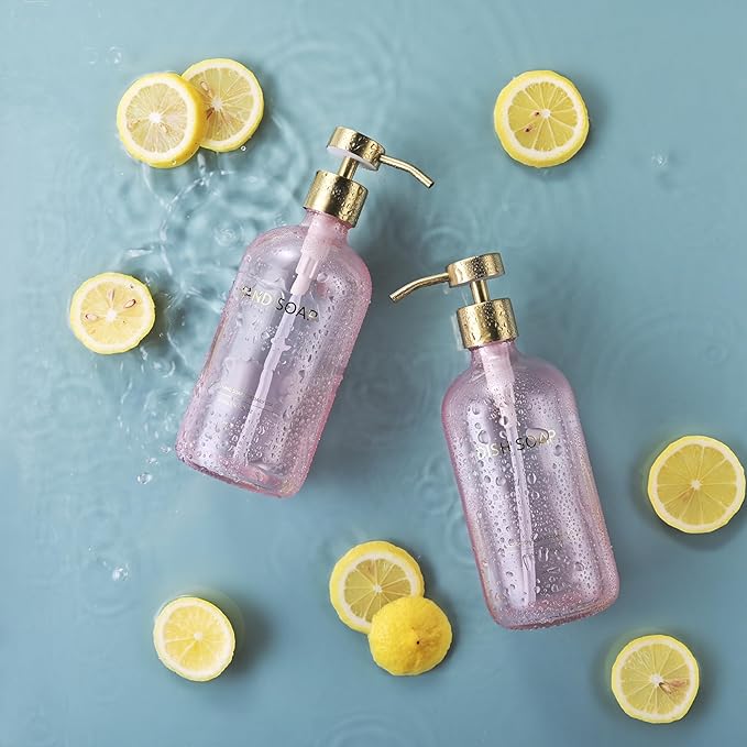 Glass Kitchen Soap Dispenser Set with Ceramic Tray,16.9 floz Hand and Dish Soap Dispenser for Kitchen and Bathroom Decor (Pink Bottles + Gold Pumps)