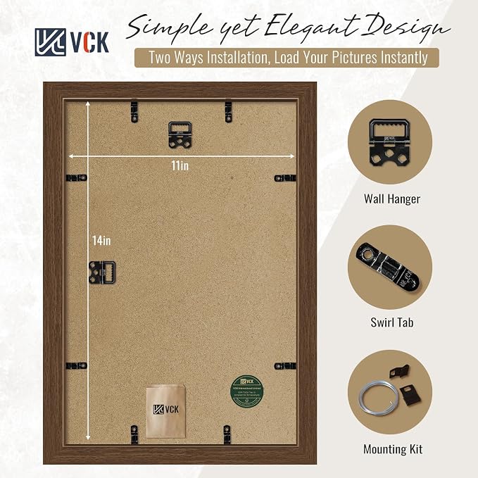 VCK 11x14 Picture Frames Brown 3 Pack, Wide Border Wood, Tempered Glass, Display 8x10 Photo with Mat or 11 x 14 without, for Home, Office, Gallery, Woodgrain Series, Wall Hanging