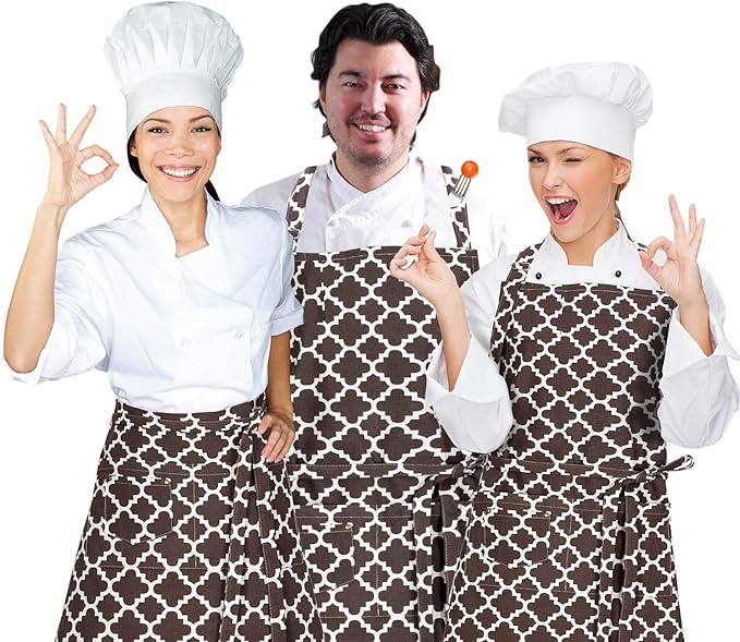 LessMo Kitchen Cooking Aprons with 3 Pockets for Men Women - Cotton Adjustable Professional Grade Chef Apron for Kitchen, BBQ & Grill (Coffee)