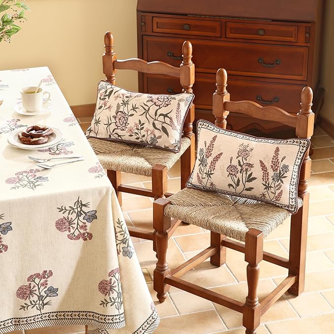 ISAENNE Design Linen Vintage Throw Pillow Covers 12"x20" Pack of 2, Rectangle Cushion Covers with Red Purple Flowers Green Leaves Pattern Decoration Pillowcases for Bed,Living Room,Outdoor,Car