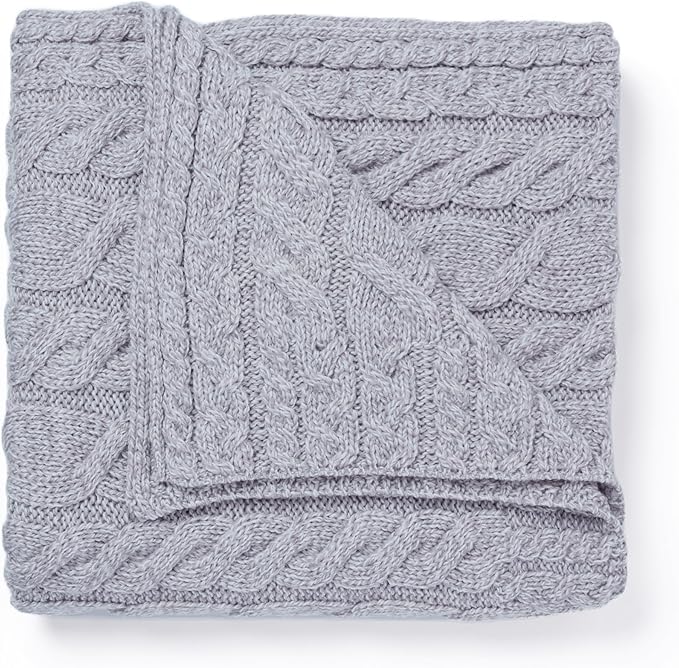 Aran Woollen Mills Cable Throw Blanket, 100% Supersoft Merino Wool, Made in Ireland, Silver Strand, Oat, 40" x 60"