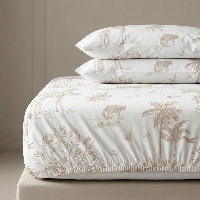 MakeMake Organics Organic Full Fitted Sheet Set GOTS Certified Organic Cotton Fitted Sheet with Pillowcase Ultra Soft Non Toxic Breathable Hypoallergenic Animals Theme Room (Full, Safari)