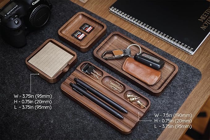 MUUJEE Wooden Desk Organization 4 Piece Set - for Desk Accessories Work Teacher Dad Wood Tray Work Minimalist Rustic