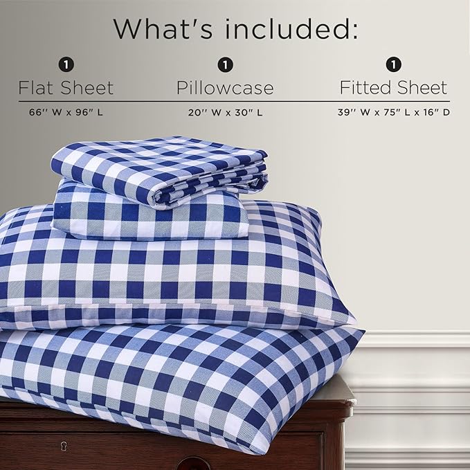 Briarwood Home® Printed Flannel Sheet Set, 100% Natural Cotton, Soft, Warm & Deep Pocket, Advanced Nano-Tech Making it Resistance to Pilling; Brushed 6 Times for Softness (Buffalo Navy Blue, Twin)