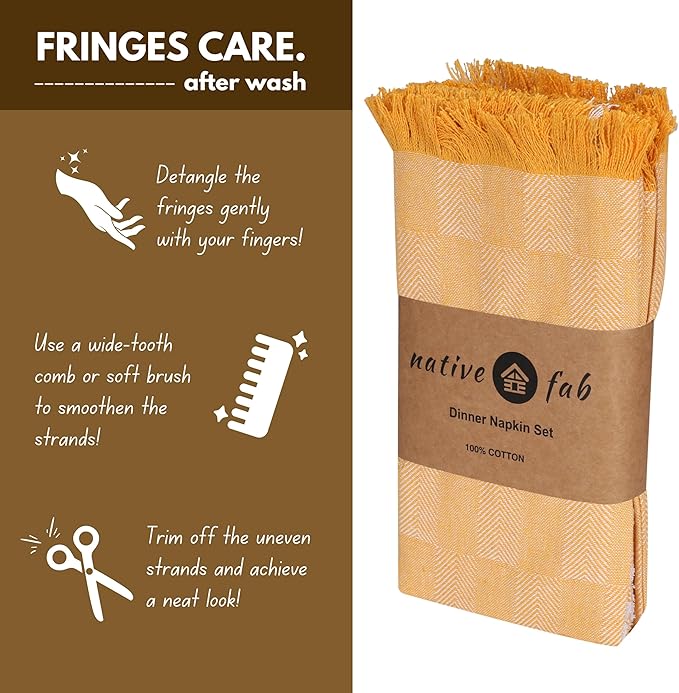 Native Fab Cloth Napkins Set of 4, 16"x16", Herringbone Weave, 100% Cotton Napkins with Handmade Fringes, Resuable Table Napkins for Dinner, Cocktail, Holiday, Wedding - Mustard Yellow
