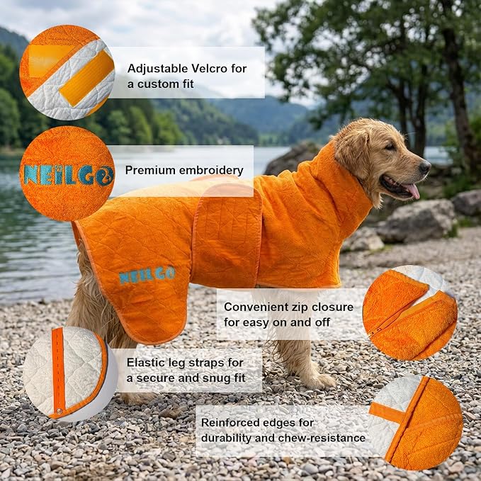 Fast Drying Double-Layer Dog Robe, 720g Heavyweight Dog Bathrobe, Super Absorbent Dog Towels for Drying Large Dogs, Bamboo Cotton Warm Dog Pajamas, Orange