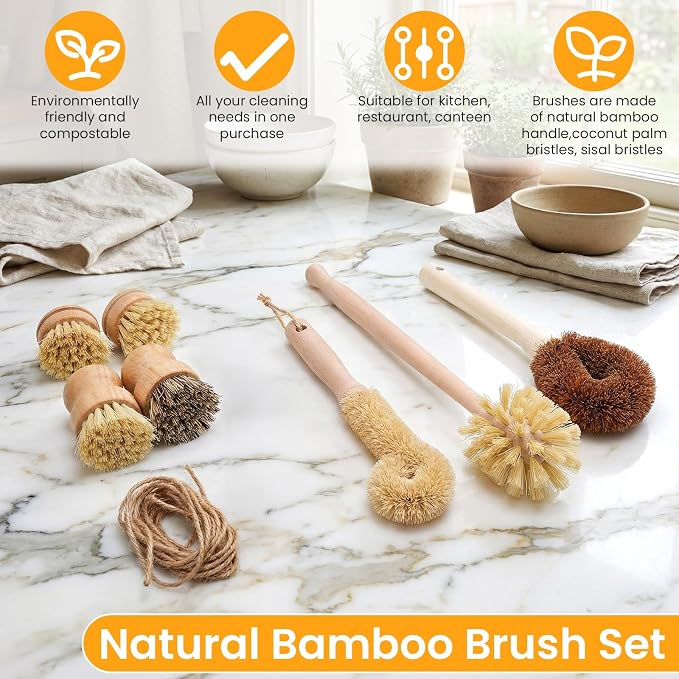 8 Pcs Bamboo Dish Brush Dish Washing Scrub Bottle Brushes Wooden Palm Pot Brush Cleaning Scrubbers with Natural Sisal Bristles Long Handle for Pots Pans, Vegetables, Household Cleaning