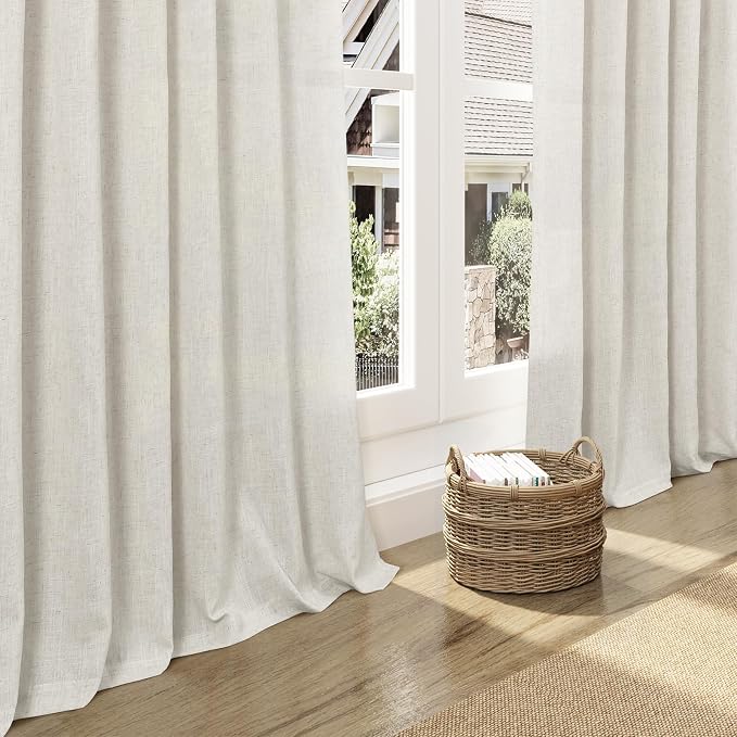 Nanspring Mousse White Linen Curtains for Living Room 108 Inches Long Simple Modern Light Filtering Semi Sheer Curtain Back Tab Coastal Decor Floor to Ceiling High Window for Bedroom 52x108, 2 Panels