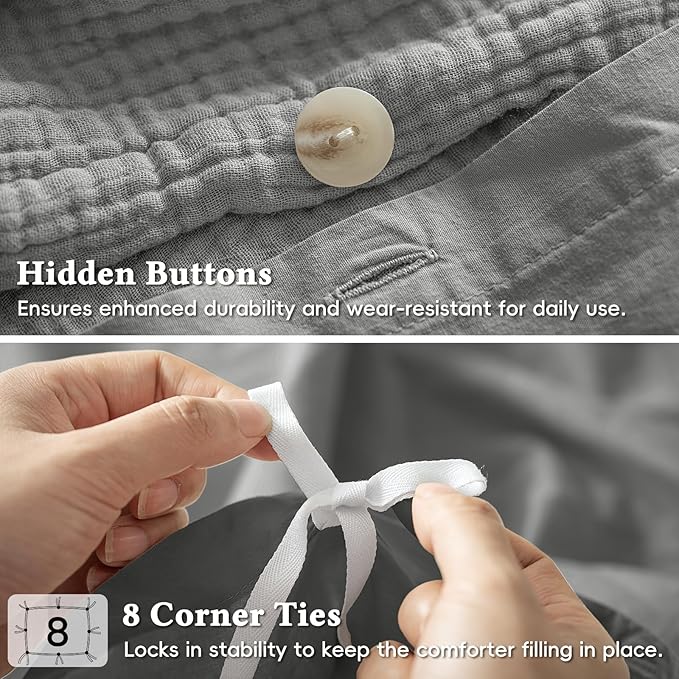 David's Home 100% Cotton Muslin Duvet Cover Set King Size,3 Pcs Ultra Soft Breathable & Lightweight Gauze Bedding Set with 2 Pillowcases,Textured Home Decor with Button,104"×90" Dark Grey,No Insert