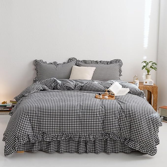 mixinni Black White Gingham Ruffle Duvet Cover Twin XL Size 3 Pieces – 100% Washed Cotton, Vintage Plaid Ruffled Bedding Set with Zipper Ties, Soft Checkered Grid Farmhouse Chic Comforter Cover Set