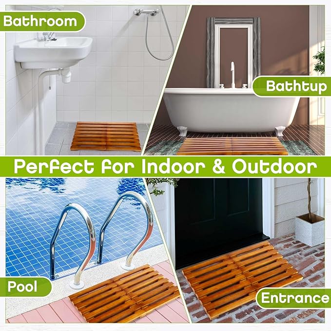 Geelin Wood Bath Mat 26'' x 16'' Foldable Shower Mat Bathroom Non Slip Waterproof Wooden Shower Rug Bathroom Carpet for Spa Home Bathtub Floor Indoor Outdoor Doorway Patio Sauna Yard Pool, Natural
