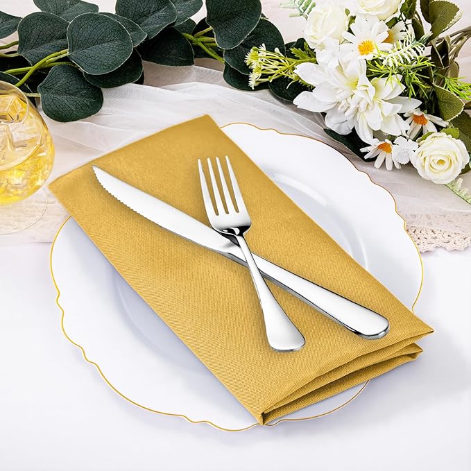 SuperO Set of 40 Cloth Napkins 17 x 17 Inch, Polyester Solid Washable Dinner Napkins with Hemmed Edges,Great for Restaurant, Wedding and Party(Gold)