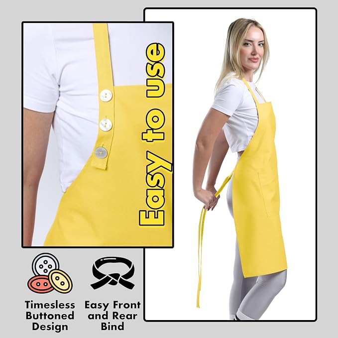 TOSHE Kitchen Apron Waterdrop Resistant Cotton Apron with adjustable Aprons for Women with Pockets 10 Color option Cooking Yellow Apron (Yellow)