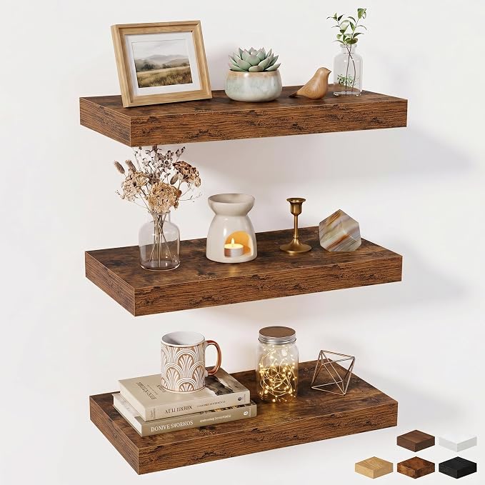 Fun Memories Wood Floating Shelves 20 Inch, 10 Inch Deep Shelves Wall Mount, Wall Shelves with Invisible Bracket, 20" Floating Shelves for Living Room Bathroom Bedroom, Rustic Brown, Set of 3
