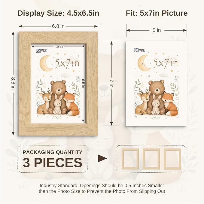VCK 5x7 Picture Frame 3 Pack - Natural Solid Wood Beige Photo Frame, Exclusive Wood Grain, Table Display or Wall Hanging