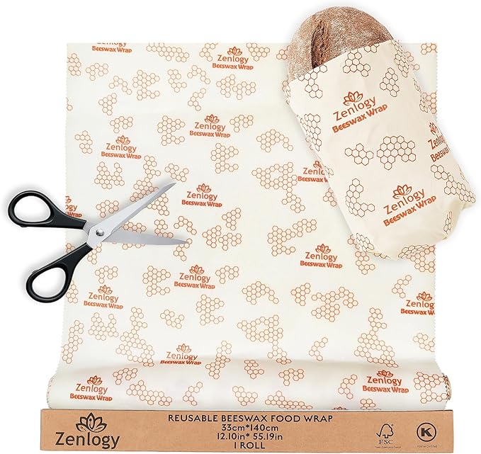 Beeswax Wrap Roll 13" x 55" – Zenlogy Reusable Beeswax Food Wrap, Cut to Size, Organic Cotton & Natural Beeswax, Washable Plastic Free Food Storage